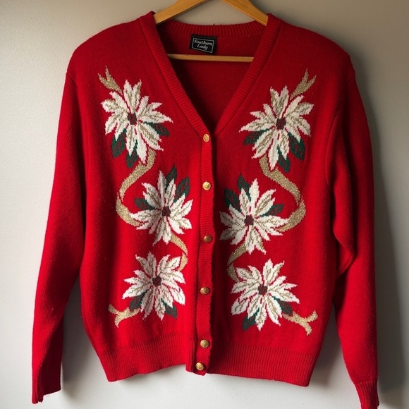 Holiday Time Sweaters - Vintage 90’s Southern Lady Holiday Time Red Floral Cardigan size L